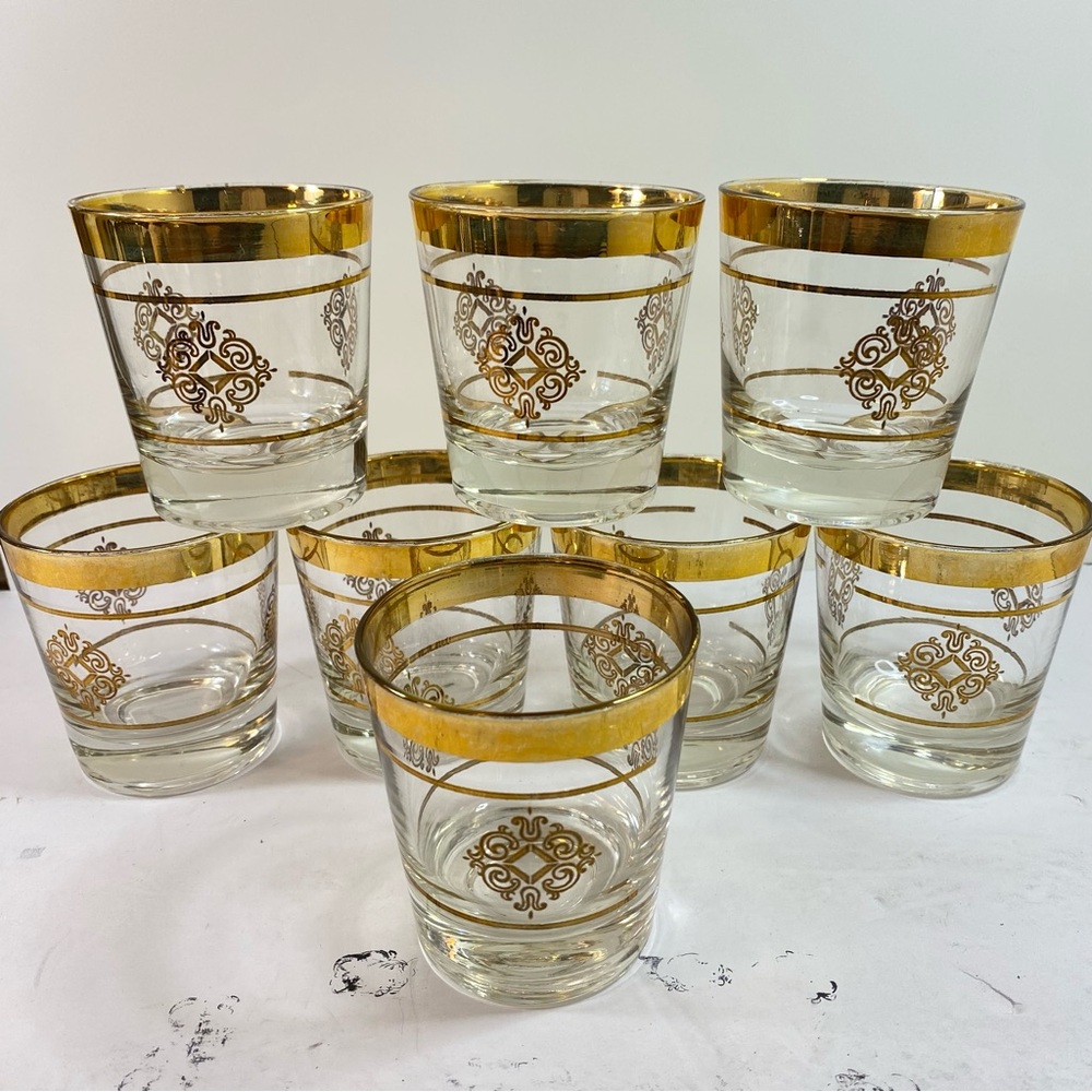Set Of 8 MCM Whiskey Glasses by Cutler 22Kt Gold Old Fashioned Glasses